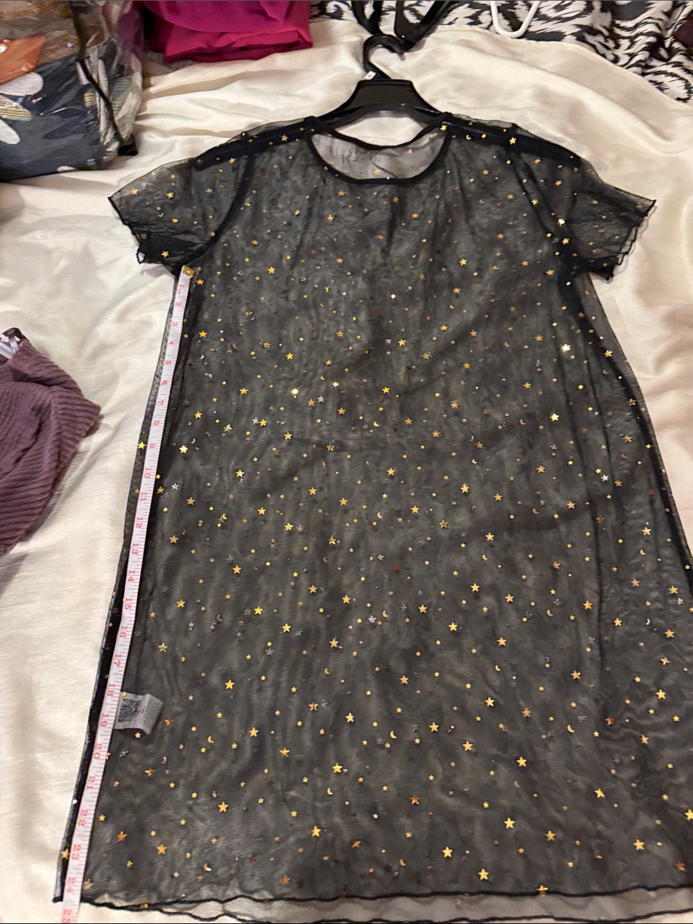 SHEIN Black Sheer Mesh Dress with Gold Star Accents